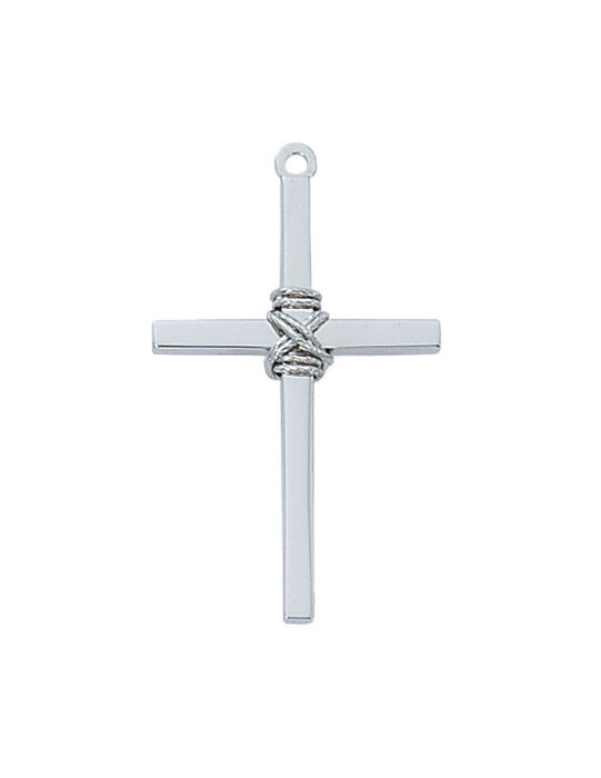 Sterling Silver Roped Center Cross w/ 24" Rhodium Plated Chain