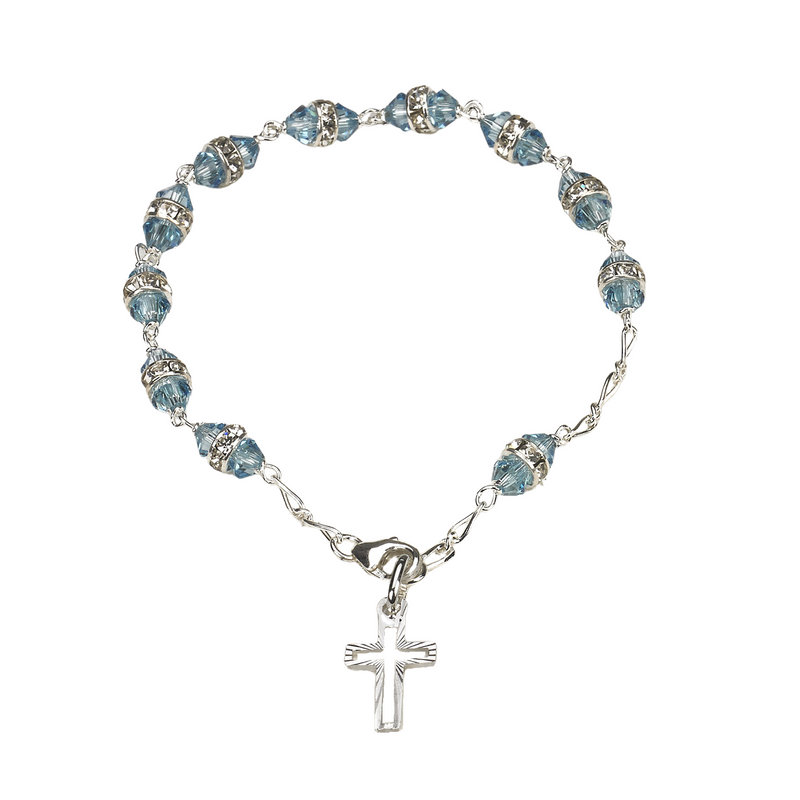 Sterling Silver Rosary Bracelet with 6mm Aqua Swarovski Austrian Crystal