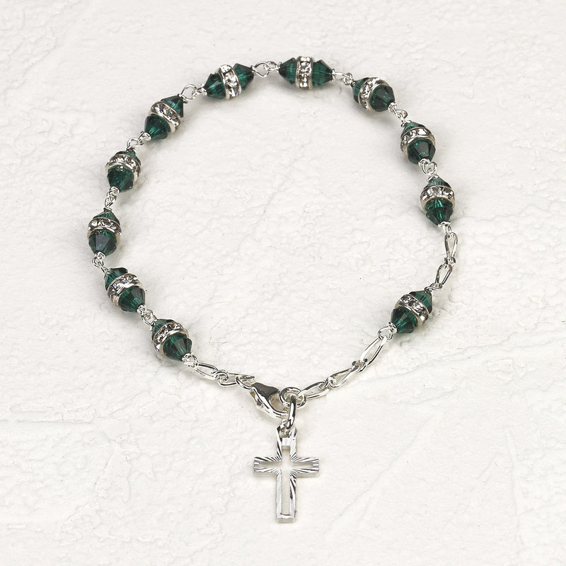Sterling Silver Rosary Bracelet with 6mm Green Swarovski Austrian Crystal