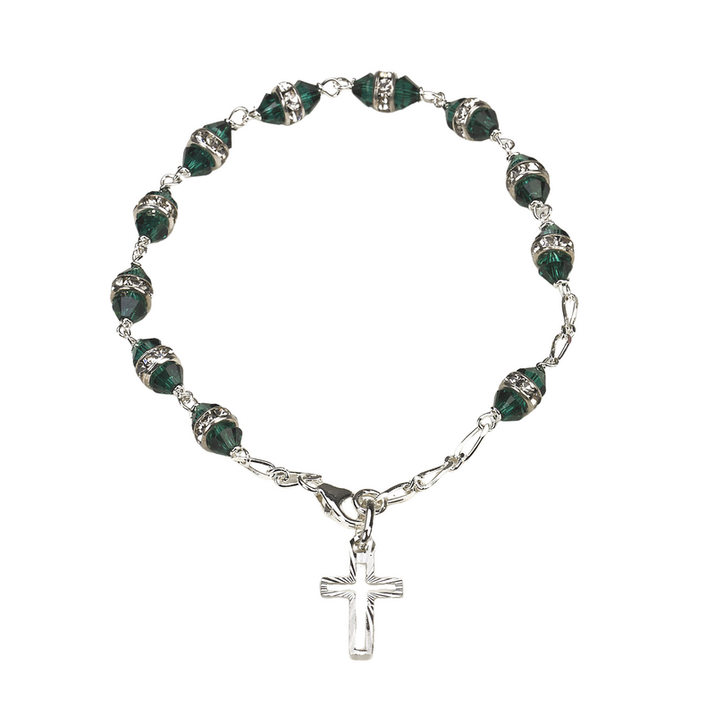 Sterling Silver Rosary Bracelet with 6mm Green Swarovski Austrian Crystal