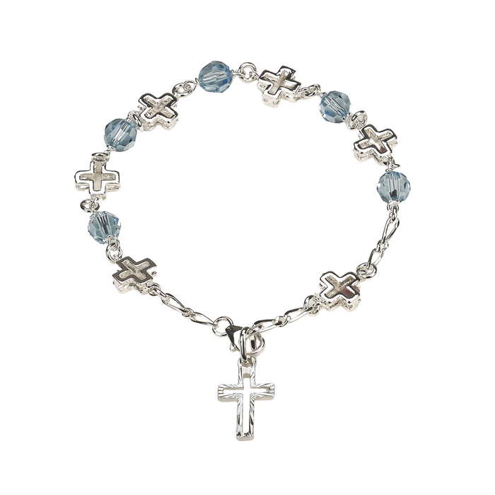 Sterling Silver Cross Rosary Bracelet with 6mm Blue Swarovski Austrian Crystal