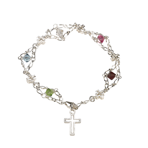 Sterling Silver Cross Rosary Bracelet with 6mm Multi Color Swarovski Austrian Crystal