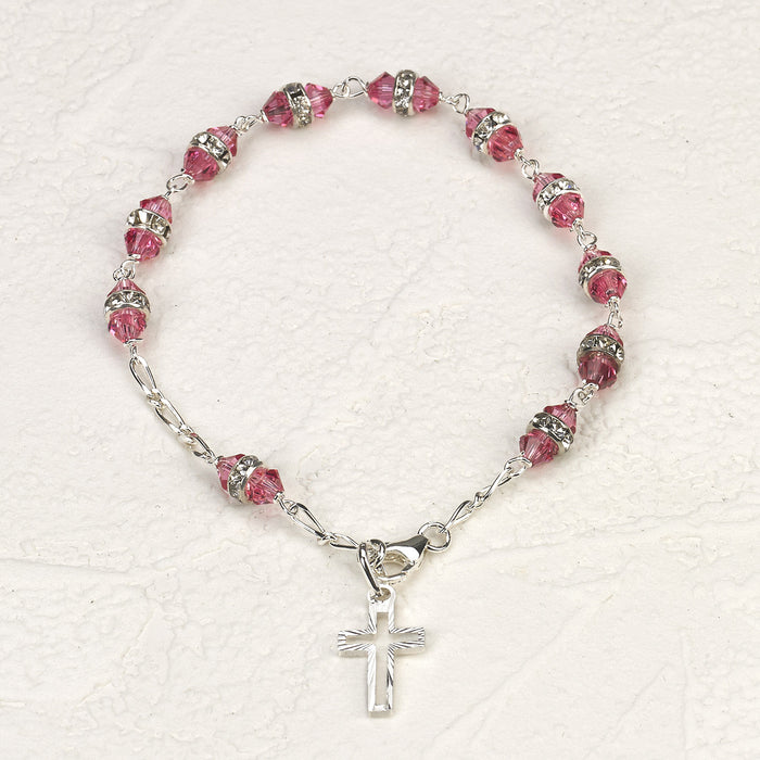 Sterling Silver Rosary Bracelet with 6mm Rose Swarovski Austrian Crystal