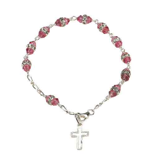 Sterling Silver Rosary Bracelet with 6mm Rose Swarovski Austrian Crystal