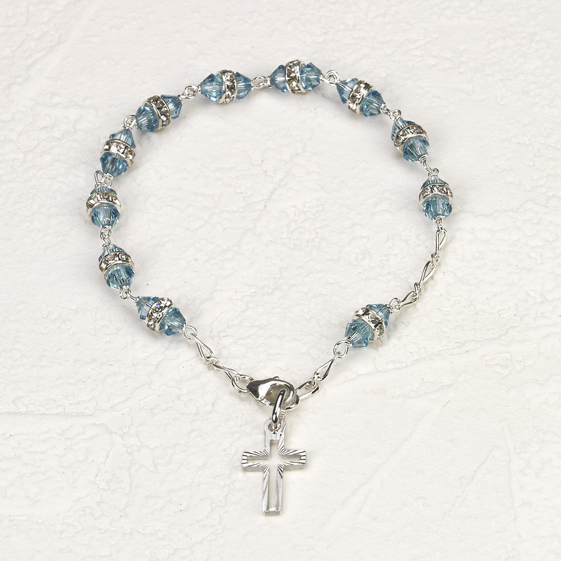 Sterling Silver Rosary Bracelet with 6mm Aqua Swarovski Austrian Crystal