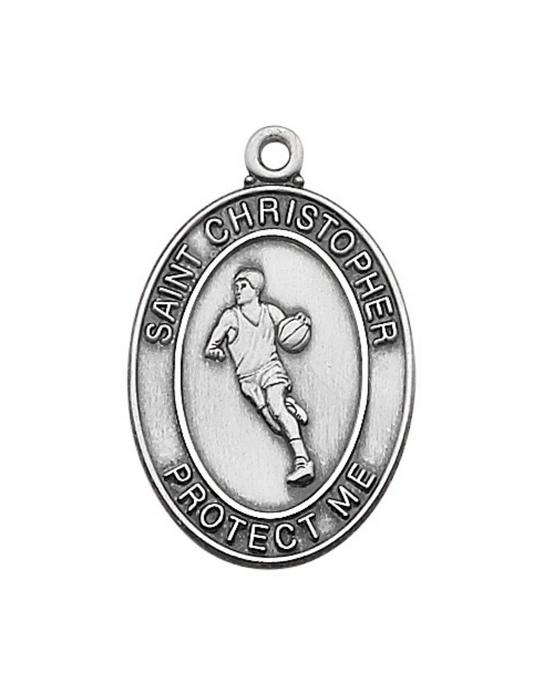 Sterling Silver St. Christopher Basketball Medal w/ 24" Rhodium Plated Chain St. Christopher Symbols, St. Christopher Medal, Medals for Protection, Catholic Gifts, Protection Medals for Athletes