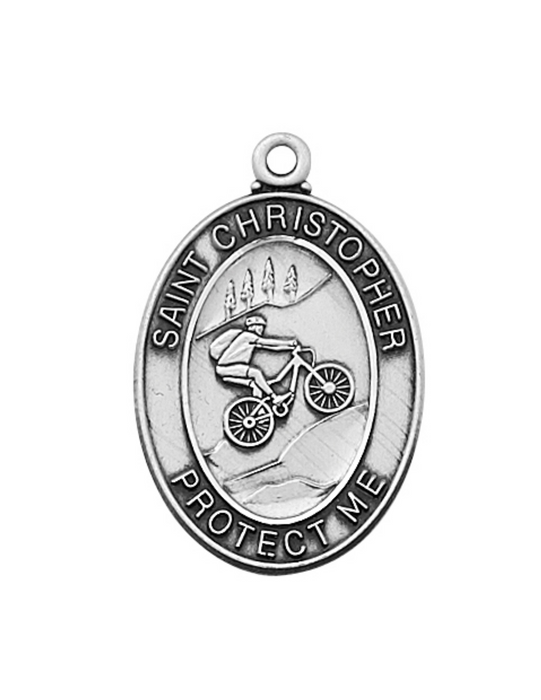 Sterling Silver St. Christopher Biking Medal w/ 24" Rhodium Plated Chain