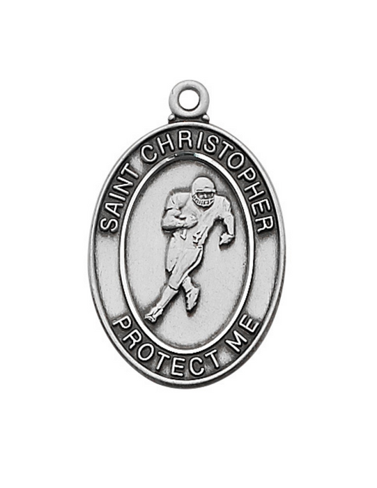 Sterling Silver St. Christopher Football Medal w/ 24" Rhodium Plated Chain St. Christopher Symbols, St. Christopher Medal, Medals for Protection, Catholic Gifts, Protection Medals for Athletes