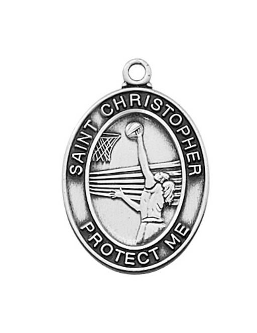Sterling Silver St. Christopher Girl's Basketball Medal w/ 18" Rhodium Plated Chain St. Christopher Symbols, St. Christopher Medal, Medals for Protection, Catholic Gifts, Protection Medals for Athletes