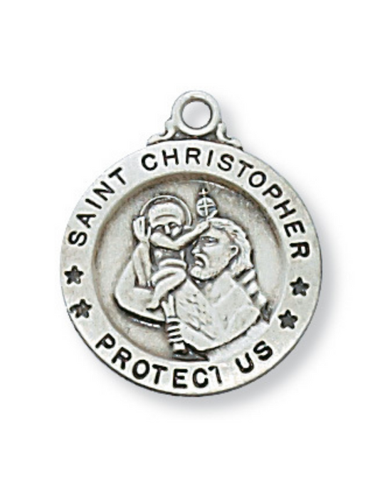 Medalla de San Cristóbal de plata de ley con cadena de rodio de 18"