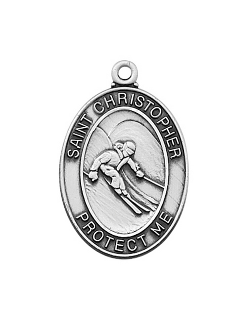 Sterling Silver St. Christopher Skiing Medal w/ 24" Rhodium Plated Chain St. Christopher Symbols, St. Christopher Medal, Medals for Protection, Catholic Gifts, Protection Medals for Athletes