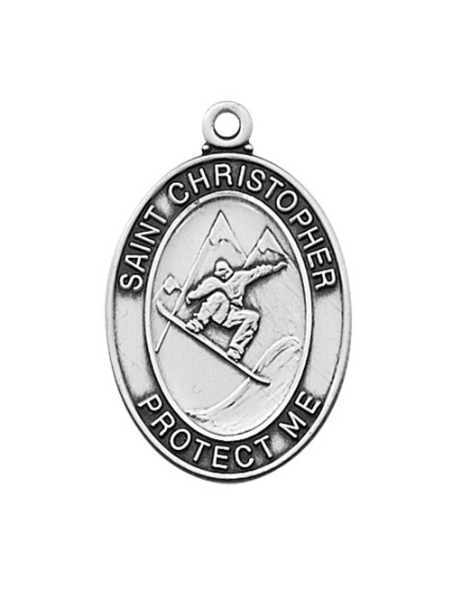 Sterling Silver St. Christopher Boy's Snowboarding Medal w/ 24" Rhodium Plated Chain St. Christopher Symbols, St. Christopher Medal, Medals for Protection, Catholic Gifts, Protection Medals for Athletes