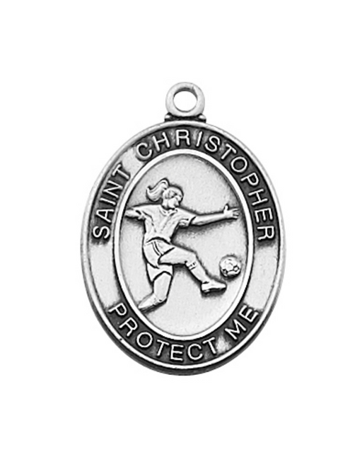 Sterling Silver St. Christopher Soccer Girl Medal w/ 18" Rhodium Plated Chain St. Christopher Symbols, St. Christopher Medal, Medals for Protection, Catholic Gifts, Protection Medals for Athletes