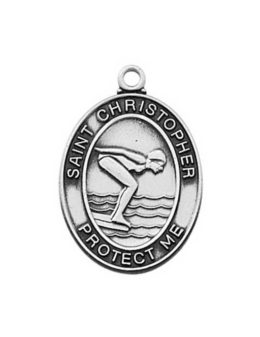 Sterling Silver St. Christopher Swimming Medal w/ 18" Rhodium Plated Chain St. Christopher Symbols, St. Christopher Medal, Medals for Protection, Catholic Gifts, Protection Medals for Athletes