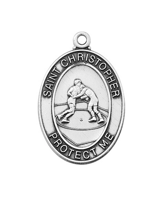 Sterling Silver St. Christopher Wrestling Medal w/ 24" Rhodium Plated Chain