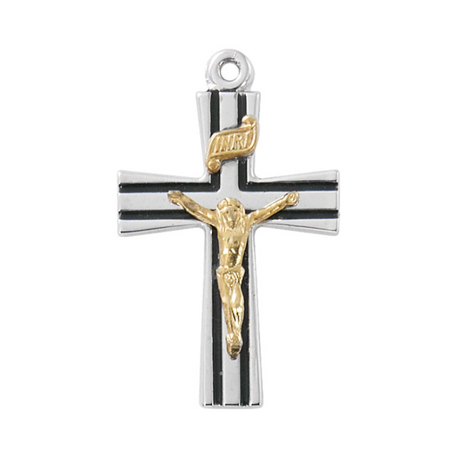 Sterling Silver Two-tone Crucifix With Black Epoxy On 18" Plated Stainless Steel Chain
