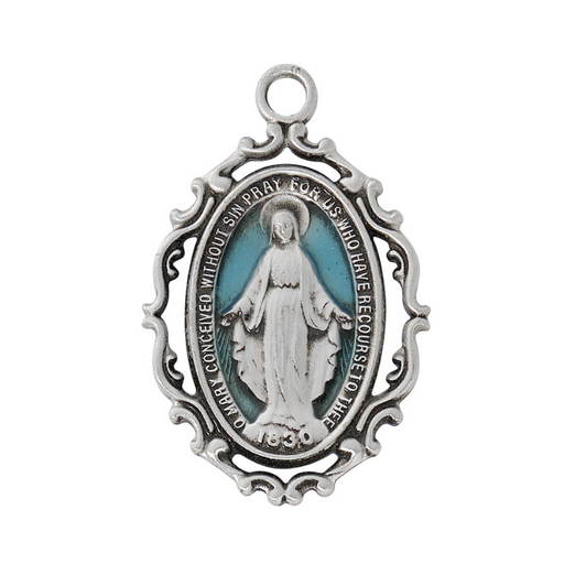 Sterling Silver with Blue Epoxy Miraculous Medal on 18" Chain