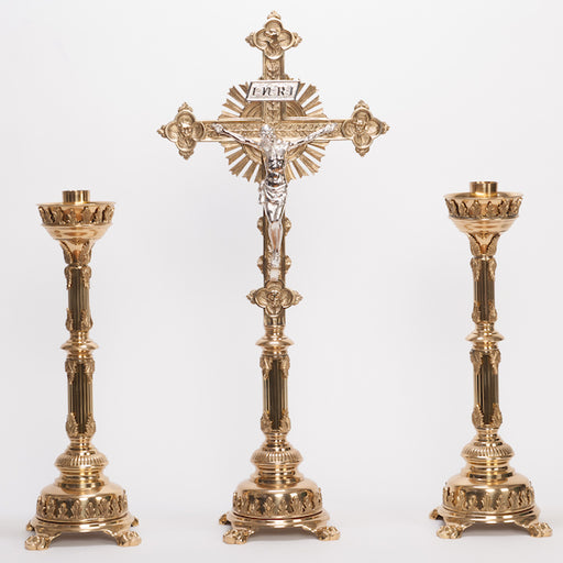 Traditional Fluted Brass Stem Crucifix and Candlesticks Altar Set