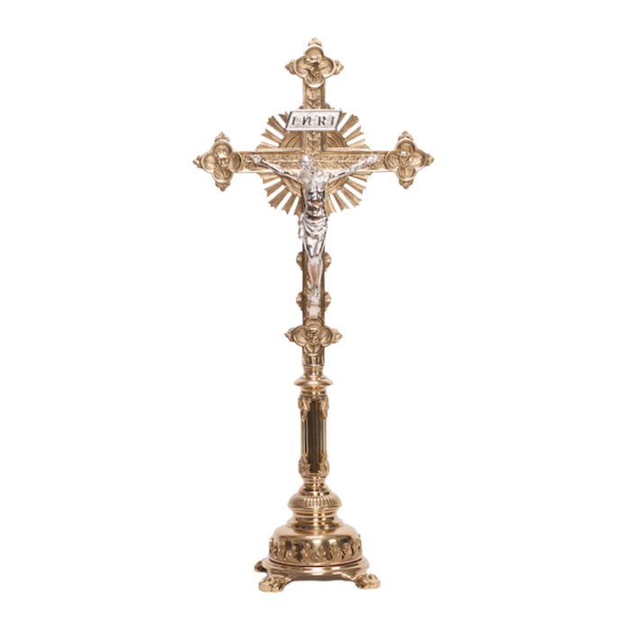 Traditional Fluted Brass Stem Crucifix and Candlesticks Altar Set