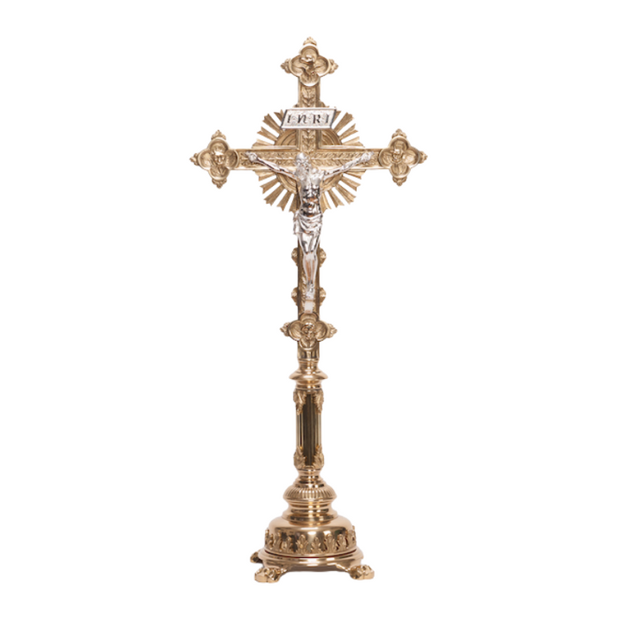 Traditional Fluted Brass Stem Altar Crucifix Fluted Stem Altar Cross Brass Stem Altar Cross with Silver plated Corpus and INRI.