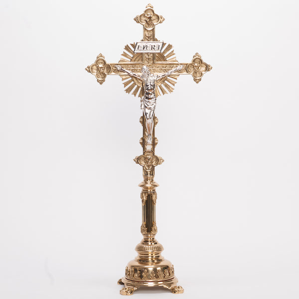 Traditional Fluted Brass Stem Crucifix and Candlesticks Altar Set