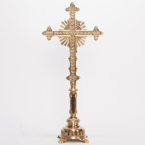 Traditional Fluted Brass Stem Altar Crucifix Fluted Stem Altar Cross Brass Stem Altar Cross with Silver plated Corpus and INRI.