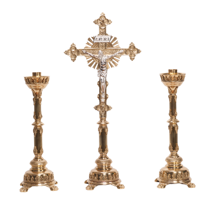 Traditional Fluted Brass Stem Crucifix and Candlesticks Altar Set