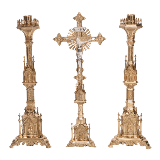 Traditional French Gothic Style 33.5" Crucifix and 31" Candlesticks Altar Set