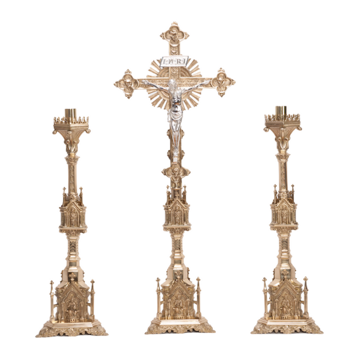 Traditional French Gothic Style Crucifix and Candlesticks Altar Set