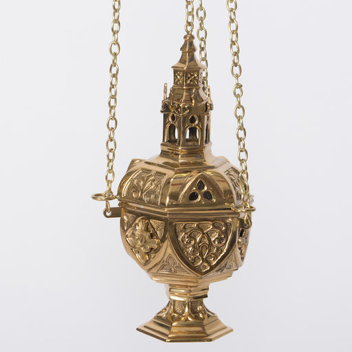 Traditional Gothic Censer with Removable Charcoal Cup Polished Brass and Lacquered Traditional Gothic Censer - Thurible with removable charcoal cup.