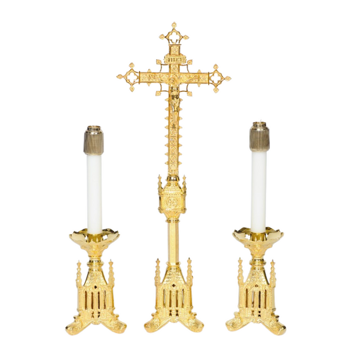 Traditional Gold Plated Gothic Style Short Candlestick and Crucifix Altar Set