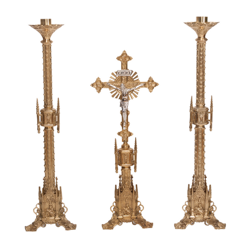 Traditional Gothic Solid Brass Crucifix and 40" Candlesticks Altar Set