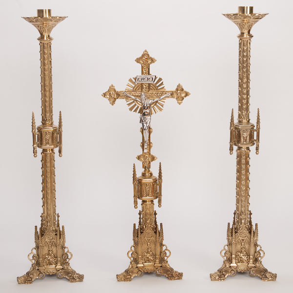 Traditional Gothic Solid Brass Crucifix and 40" Candlesticks Altar Set