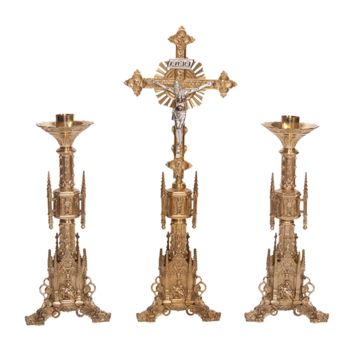 Traditional Gothic Solid Brass Crucifix and Candlesticks Altar Set
