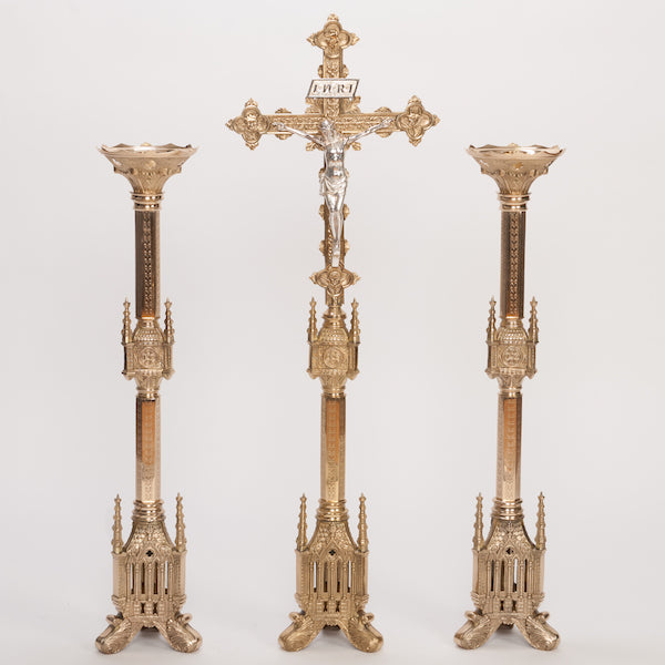 Traditional Gothic Style Crucifix and Candlesticks Altar Set