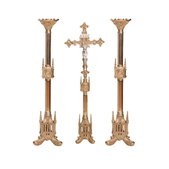 Traditional Gothic Style Crucifix and Candlesticks Altar Set