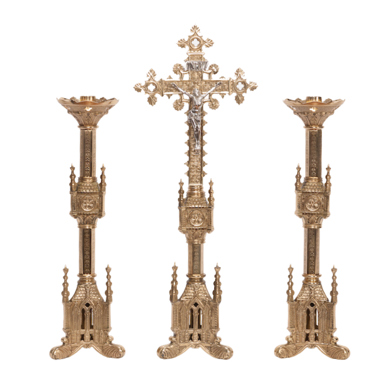 Traditional Gothic Style Crucifix and Candlesticks Altar Set