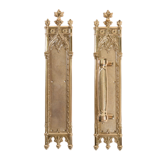 Traditional Gothic Style Push Plate or Pull Door Plate Decorative Church Door hardware in solid brass  church push plate door design  vintage door push plates