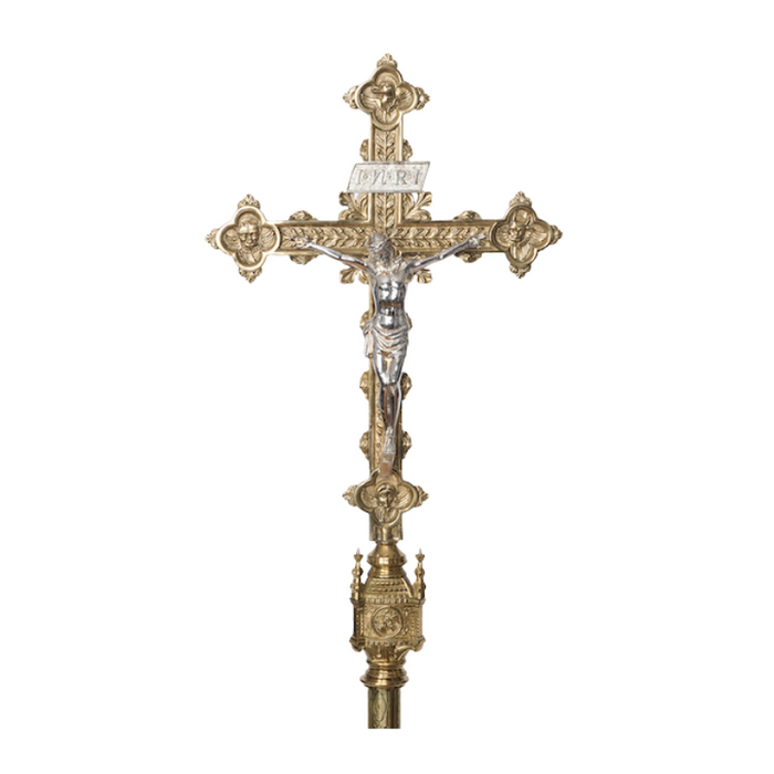 Crucifijo Procesional de Corpus Chapado en Plata Estilo Gótico Tradicional