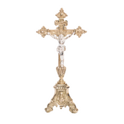 Traditional Holy Family Altar Crucifix Traditional 11 1/2" Altar cross with the "HOLY FAMILY" on the base. Small Altar Cross with silver plated Corpus and INRI.