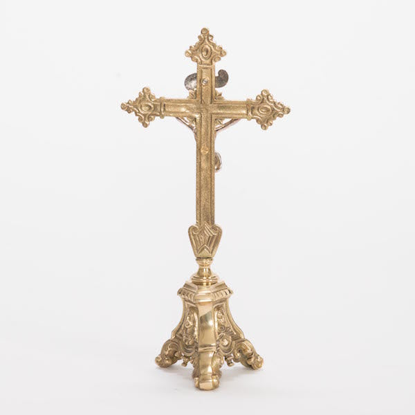 Traditional Holy Family Altar Crucifix Traditional 11 1/2" Altar cross with the "HOLY FAMILY" on the base. Small Altar Cross with silver plated Corpus and INRI.
