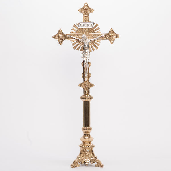 Traditional Holy Family Brass Crucifix and Candlesticks Altar Set