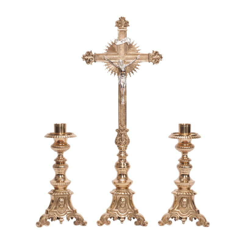 Traditional Holy Family Brass Crucifix and Candlesticks Altar Set
