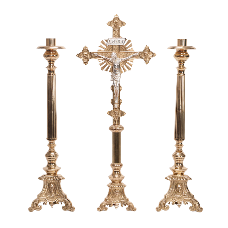 Traditional Holy Family Brass Crucifix and Candlesticks Altar Set