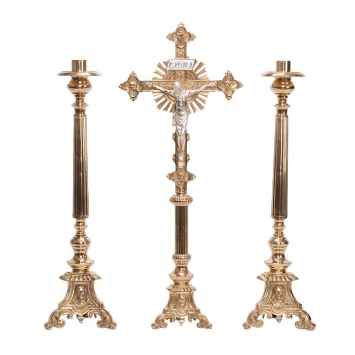 Traditional Holy Family Brass Crucifix and Candlesticks Altar Set