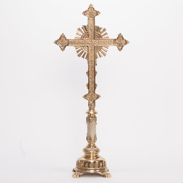 Traditional Marble Stem Brass Altar Crucifix Marble Stem Brass Altar Cross with Silver plated Corpus and INRI.