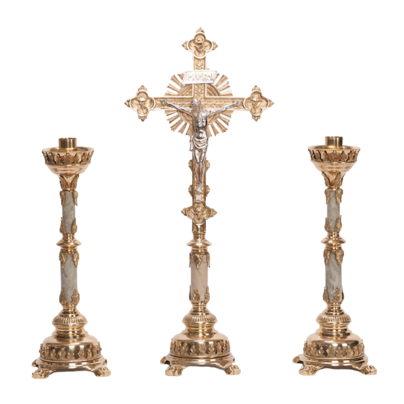Traditional Marble Stem Brass Crucifix and Candlesticks Altar Set
