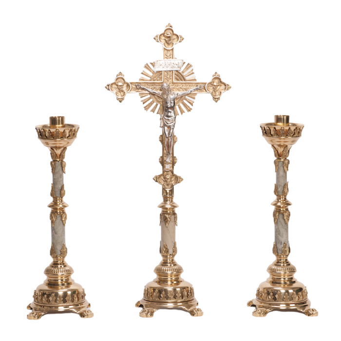 Traditional Marble Stem Brass Crucifix and Candlesticks Altar Set