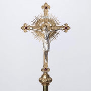 Traditional Silver Plated Corpus Processional Crucifix in Solid Brass Processional cross- with rays silver plated corpus  and "INRI" with decorative stones.