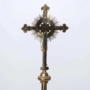 Traditional Silver Plated Corpus Processional Crucifix in Solid Brass Processional cross- with rays silver plated corpus  and "INRI" with decorative stones.